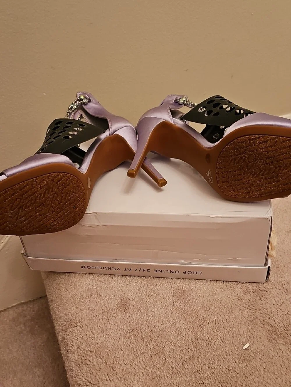 Gianni Bini Lavender Satin Crystal T-Strap Heels - Picture 4 of 7
